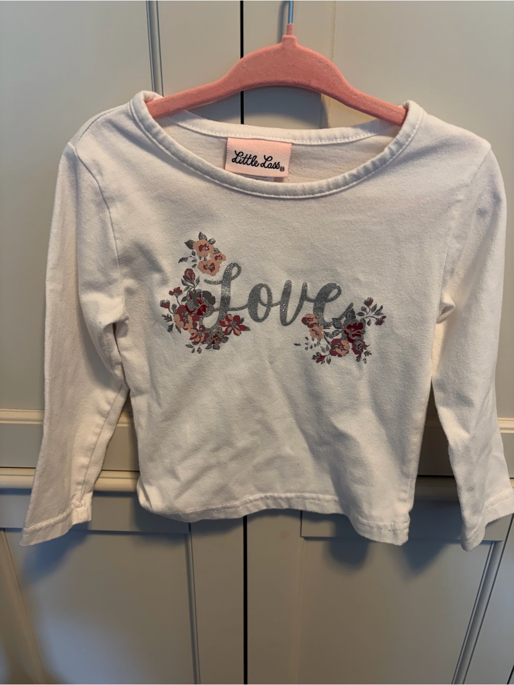 Little Lass White Long-Sleeve Top with Glitter 'Love' and Floral Accents